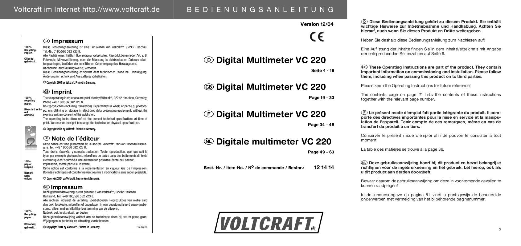 Guide utilisation  VOLTCRAFT VC 220  de la marque VOLTCRAFT