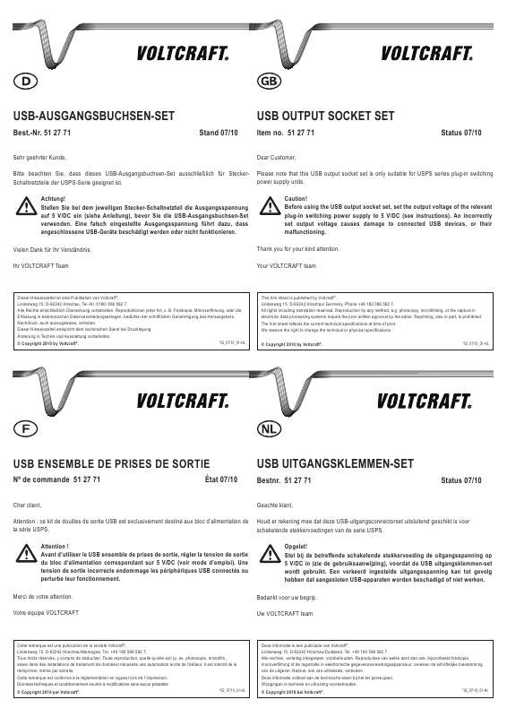 Guide utilisation  VOLTCRAFT USB OUTPUT SOCKET SET  de la marque VOLTCRAFT