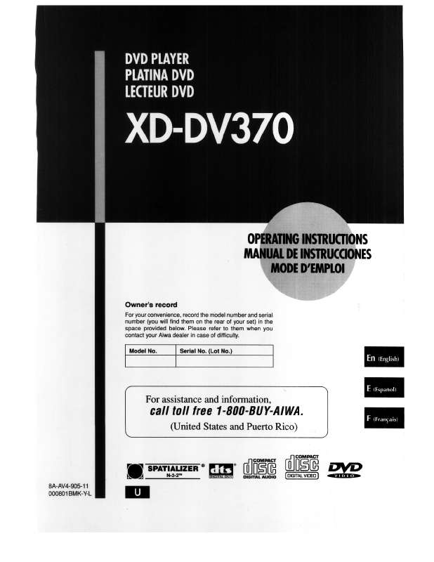 Guide utilisation AIWA XD-DV370  de la marque AIWA