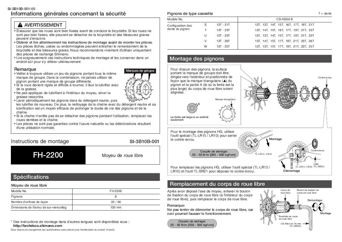 Guide utilisation  SHIMANO FH-2200  de la marque SHIMANO