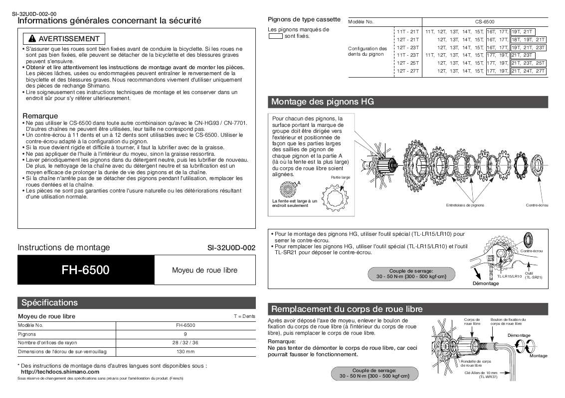 Guide utilisation  SHIMANO FH-6500  de la marque SHIMANO