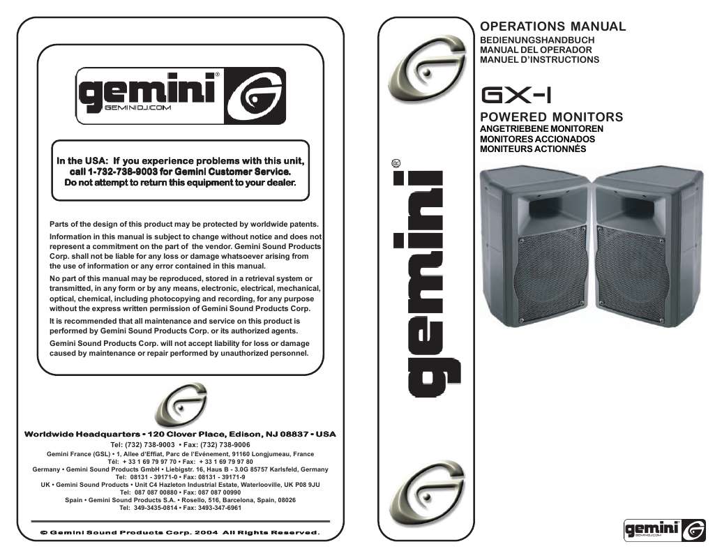 Guide utilisation  GEMINI GX-1  de la marque GEMINI