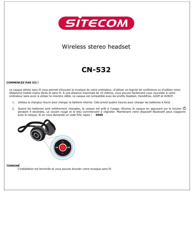 Guide utilisation SITECOM MICROSOFT WORD-CN-532 WIRELESS STEREO HEADSETWEB VERSION  de la marque SITECOM