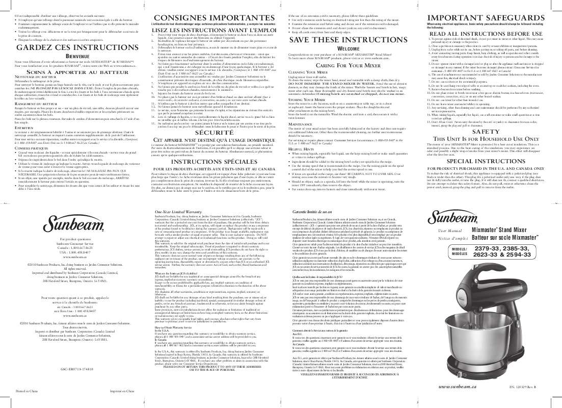 Guide utilisation  SUNBEAM 2385-33  de la marque SUNBEAM