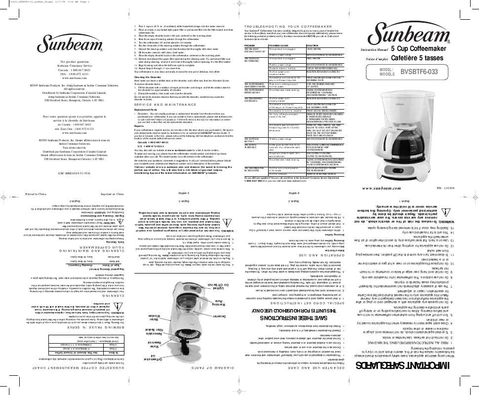 Guide utilisation  SUNBEAM 5 CUP COFFEEMAKER  de la marque SUNBEAM