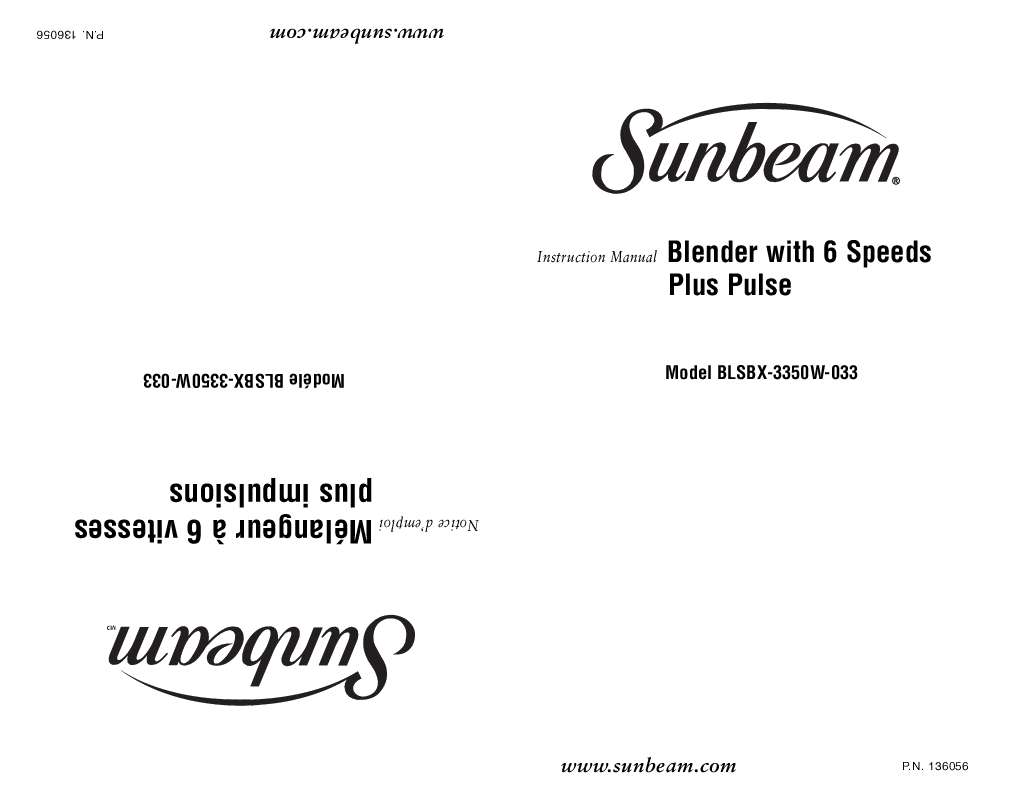 Guide utilisation  SUNBEAM BLSBX-3350W-033  de la marque SUNBEAM
