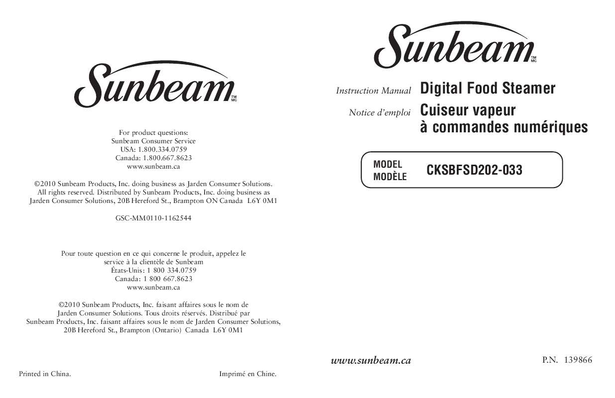 Guide utilisation  SUNBEAM DIGITAL FOOD STEAMER  de la marque SUNBEAM