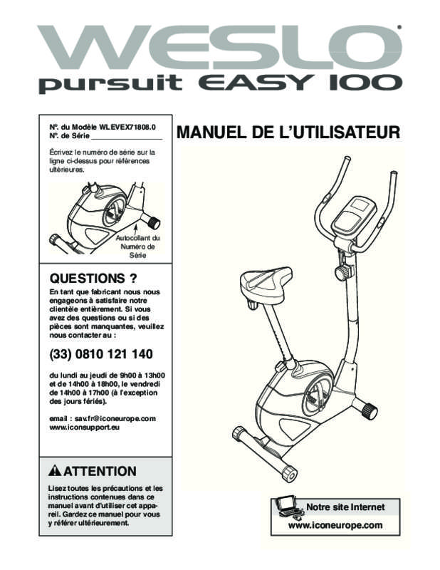 Guide utilisation  WESLO PURSUIT EASY 100  de la marque WESLO