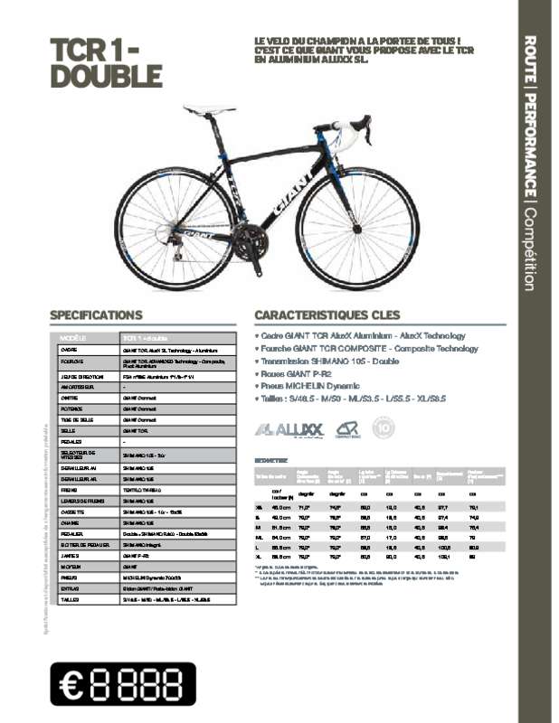 Guide utilisation  GIANT BICYCLES TCR 1-DOUBLE  de la marque GIANT BICYCLES