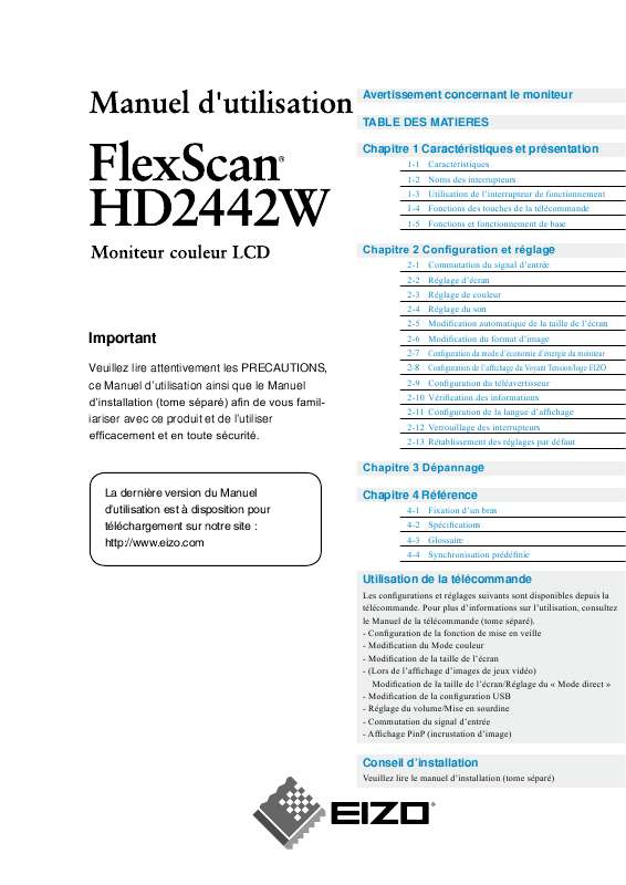 Guide utilisation EIZO FLEXSCAN HD2442W  de la marque EIZO