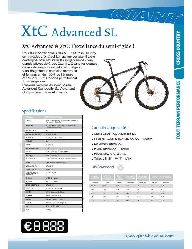 Guide utilisation  GIANT BICYCLES XTC ADVANCED SL  de la marque GIANT BICYCLES