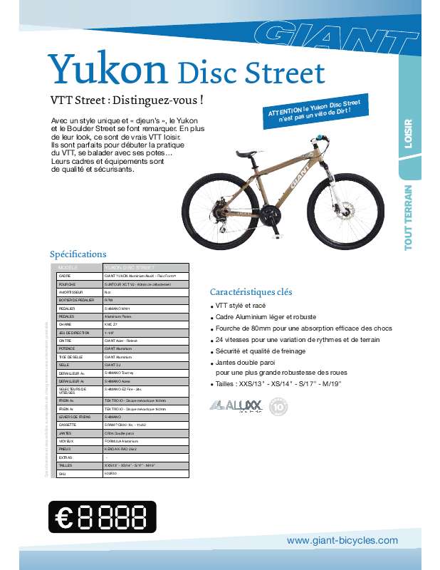 Guide utilisation  GIANT BICYCLES YUKON DISC STREET  de la marque GIANT BICYCLES