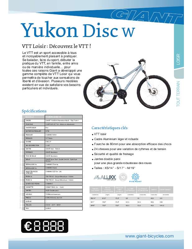 Guide utilisation  GIANT BICYCLES YUKON DISC W  de la marque GIANT BICYCLES