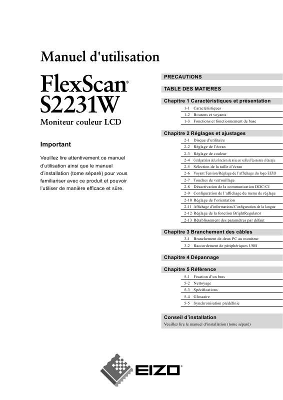 Guide utilisation EIZO FLEXSCAN S2231W  de la marque EIZO