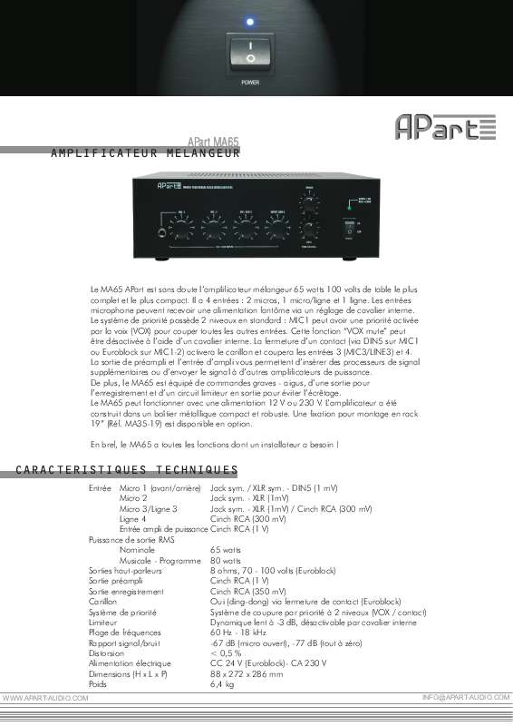 Guide utilisation  APART MA65  de la marque APART