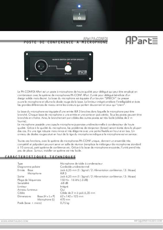 Guide utilisation  APART PA-CONFDI  de la marque APART