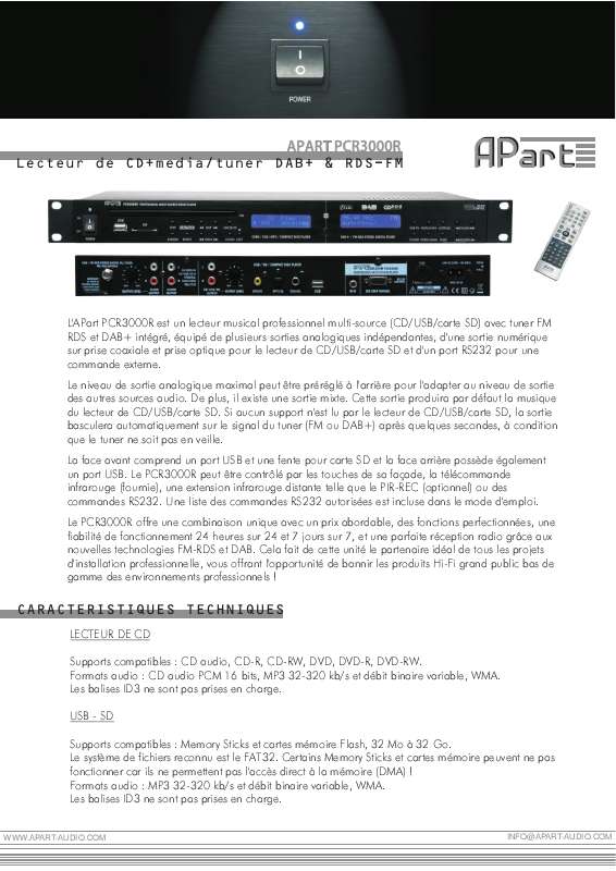 Guide utilisation  APART PCR3000R  de la marque APART