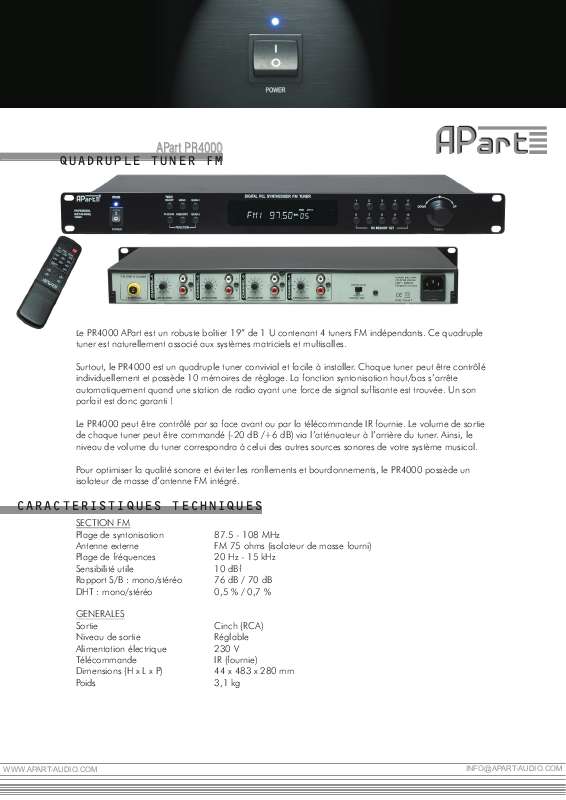 Guide utilisation  APART PR4000  de la marque APART