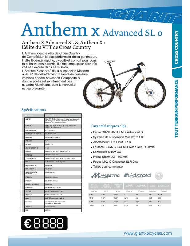 Guide utilisation  GIANT BICYCLES ANTHEM X ADVANCED SL 0  de la marque GIANT BICYCLES