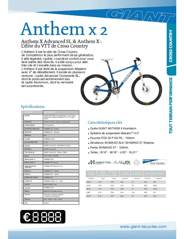 Guide utilisation  GIANT BICYCLES ANTHEM X2  de la marque GIANT BICYCLES