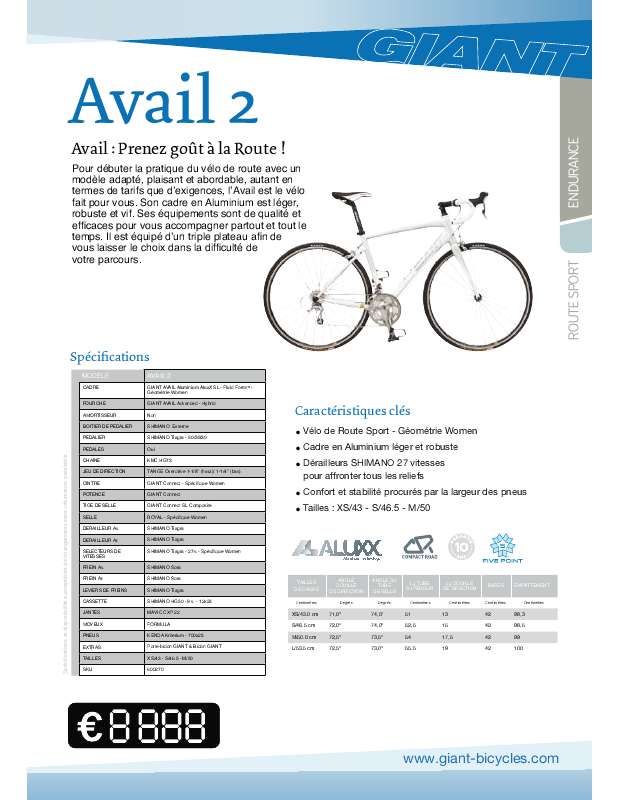Guide utilisation  GIANT BICYCLES AVAIL 2  de la marque GIANT BICYCLES