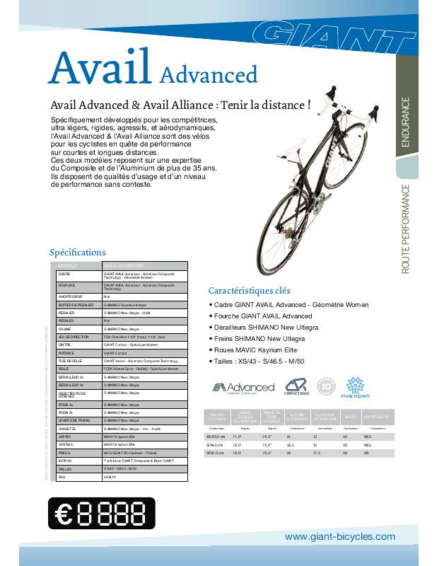 Guide utilisation  GIANT BICYCLES AVAIL ADVANCED  de la marque GIANT BICYCLES