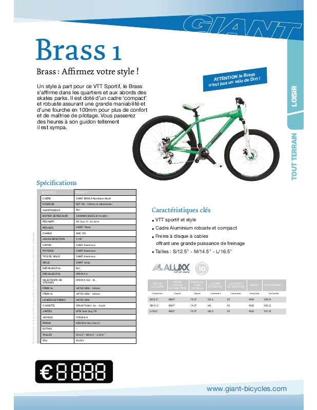 Guide utilisation  GIANT BICYCLES BRASS 1  de la marque GIANT BICYCLES
