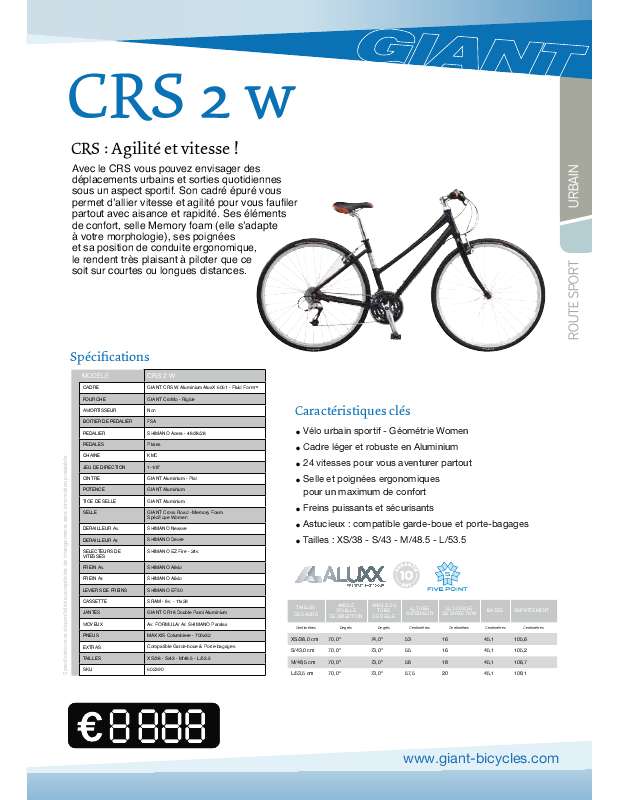 Guide utilisation  GIANT BICYCLES CRS 2 W  de la marque GIANT BICYCLES