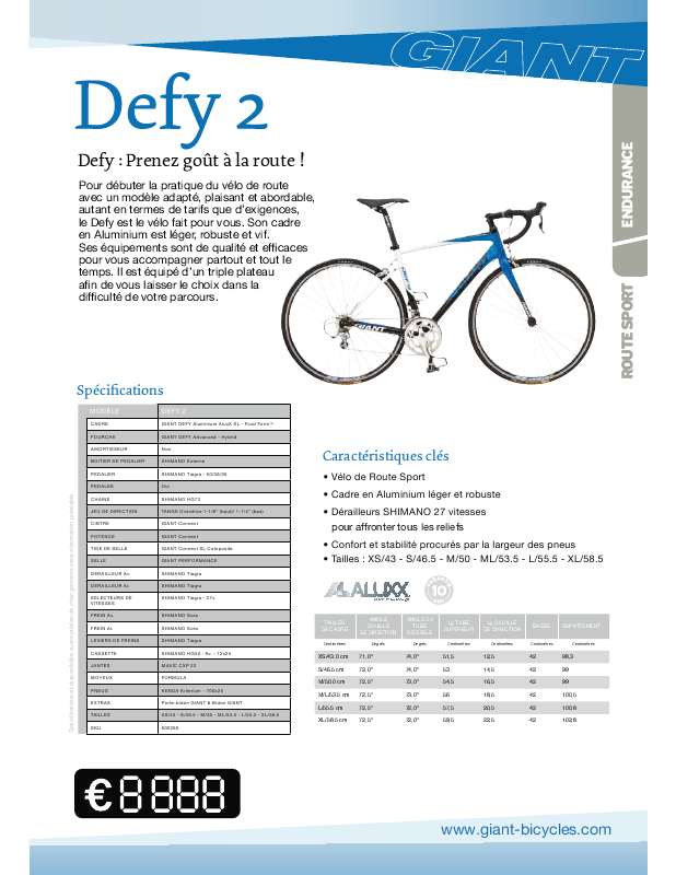 Guide utilisation  GIANT BICYCLES DEFY 2  de la marque GIANT BICYCLES