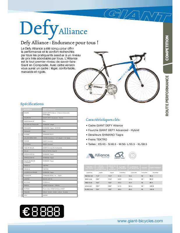 Guide utilisation  GIANT BICYCLES DEFY ALLIANCE  de la marque GIANT BICYCLES