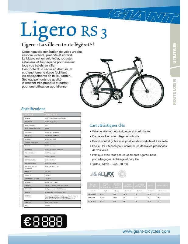 Guide utilisation  GIANT BICYCLES LIGERO RS3  de la marque GIANT BICYCLES