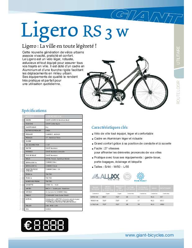 Guide utilisation  GIANT BICYCLES LIGERO RS3 W  de la marque GIANT BICYCLES