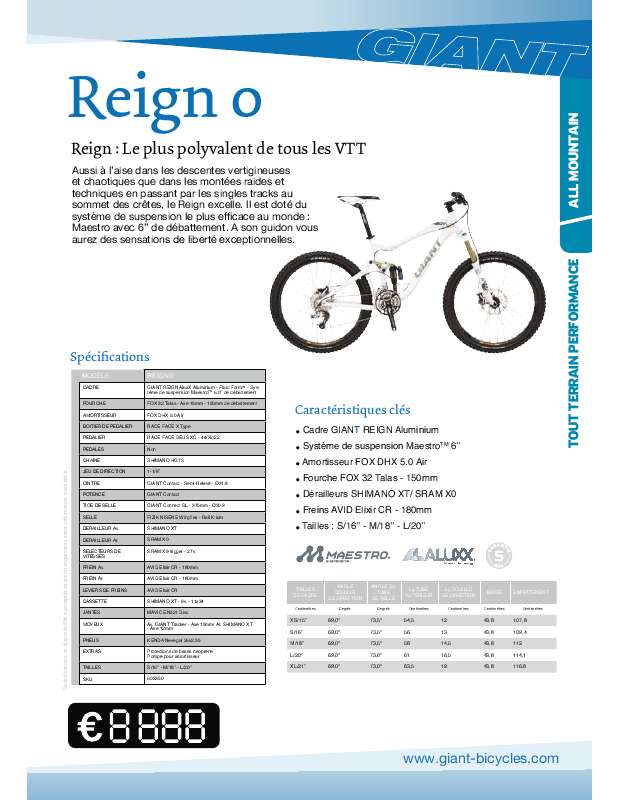 Guide utilisation  GIANT BICYCLES REIGN 0  de la marque GIANT BICYCLES