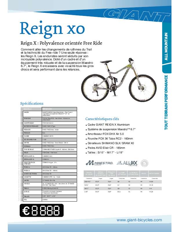 Guide utilisation  GIANT BICYCLES REIGN X0  de la marque GIANT BICYCLES