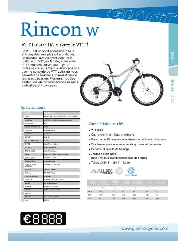 Guide utilisation  GIANT BICYCLES RINCON W  de la marque GIANT BICYCLES