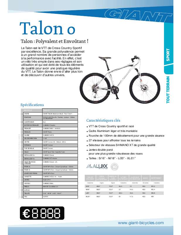 Guide utilisation  GIANT BICYCLES TALON 0  de la marque GIANT BICYCLES