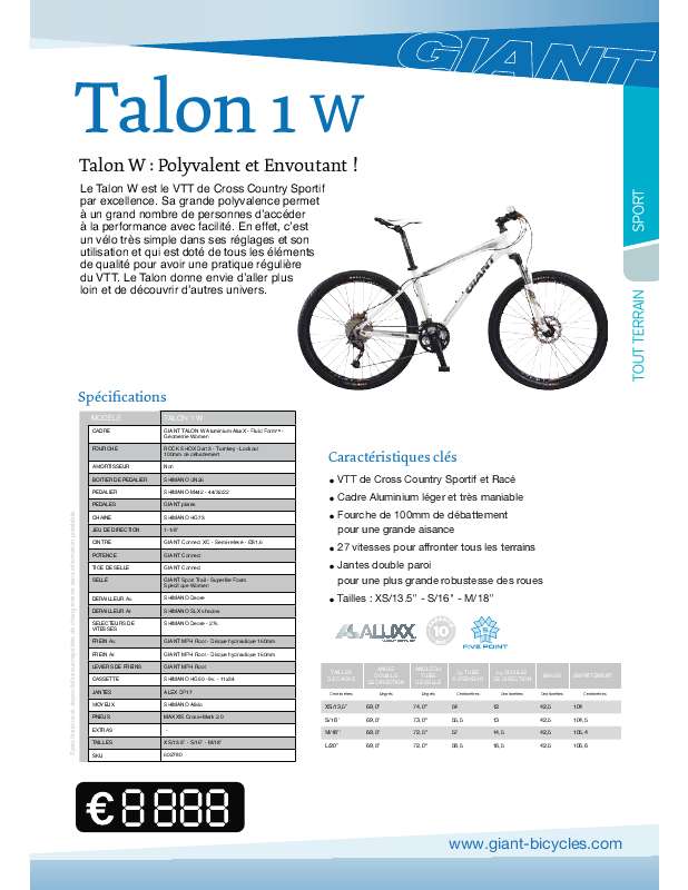 Guide utilisation  GIANT BICYCLES TALON 1 W  de la marque GIANT BICYCLES
