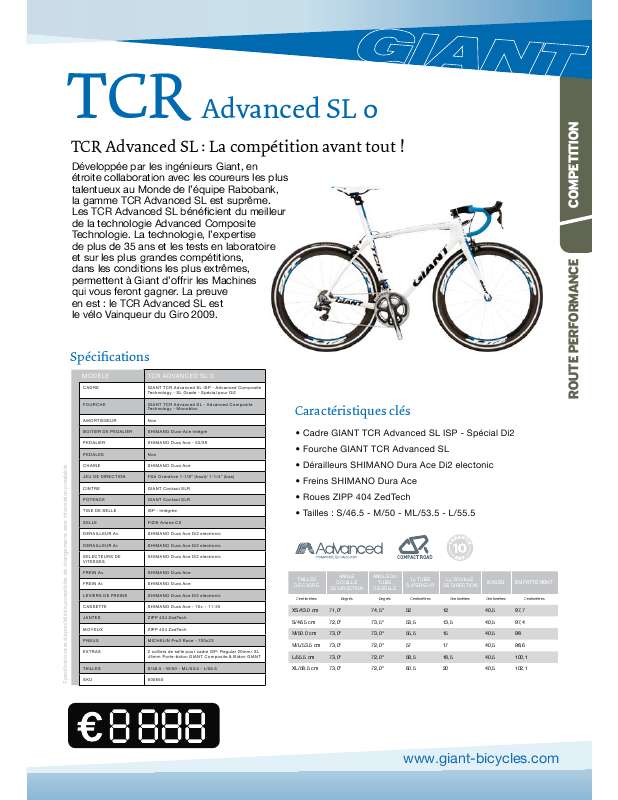Guide utilisation  GIANT BICYCLES TCR ADVANCED SL0  de la marque GIANT BICYCLES