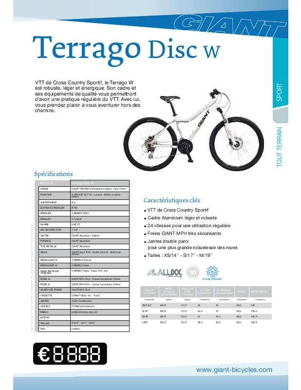 Guide utilisation  GIANT BICYCLES TERRAGO DISC W  de la marque GIANT BICYCLES