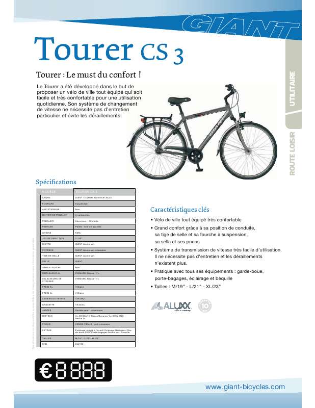 Guide utilisation  GIANT BICYCLES TOURER CS3  de la marque GIANT BICYCLES