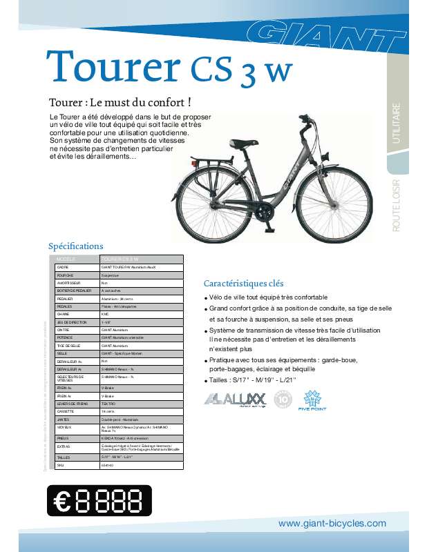 Guide utilisation  GIANT BICYCLES TOURER CS3 W  de la marque GIANT BICYCLES