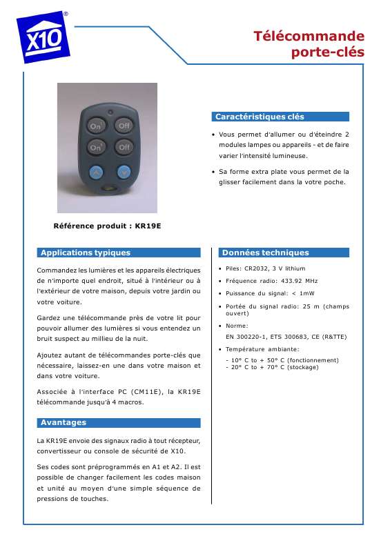 Guide utilisation X10 KR19E  de la marque X10