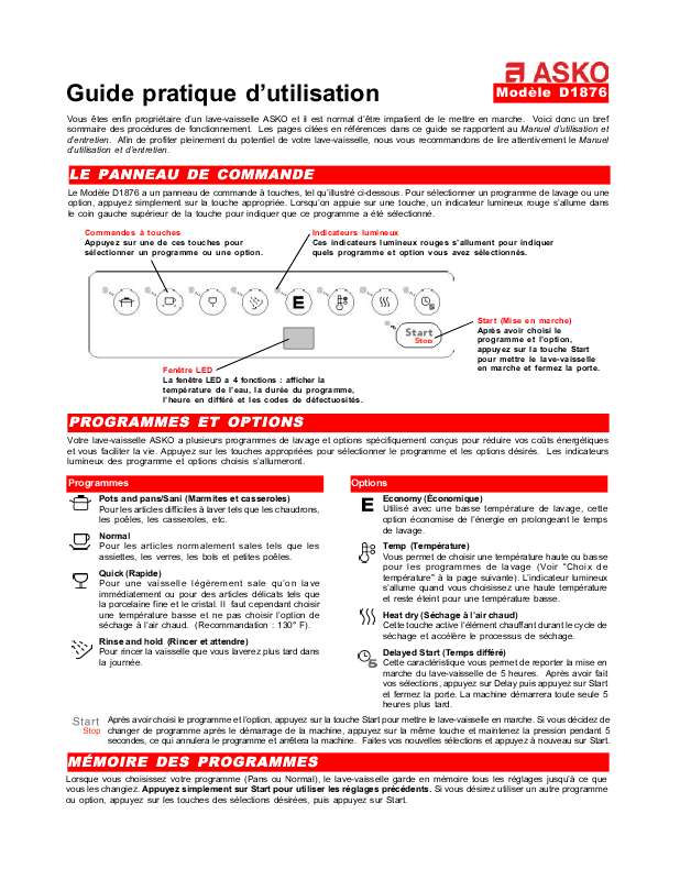 Guide utilisation  ASKO D1876  de la marque ASKO