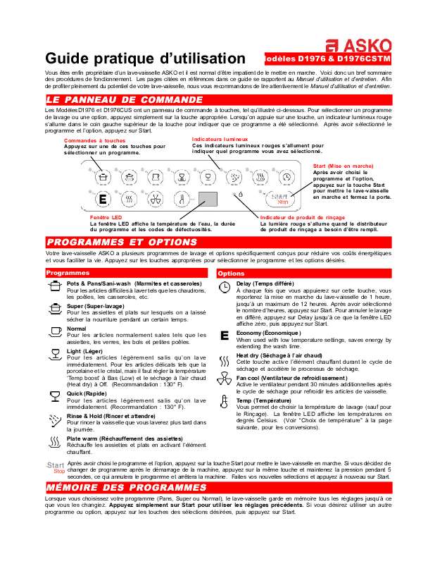 Guide utilisation  ASKO D1976  de la marque ASKO