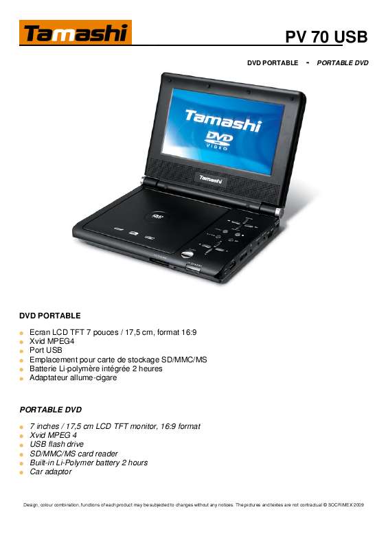 Guide utilisation TAMASHI PV 70 USB  de la marque TAMASHI