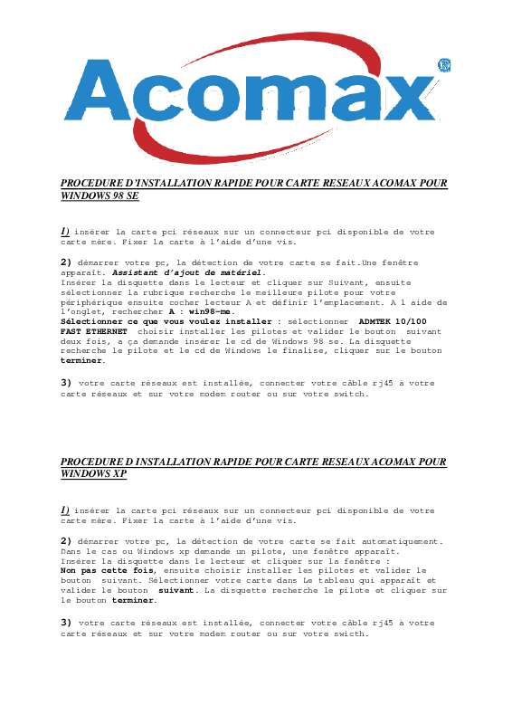 Guide utilisation  ACOMAX CARTE RESEAU RJ45  de la marque ACOMAX