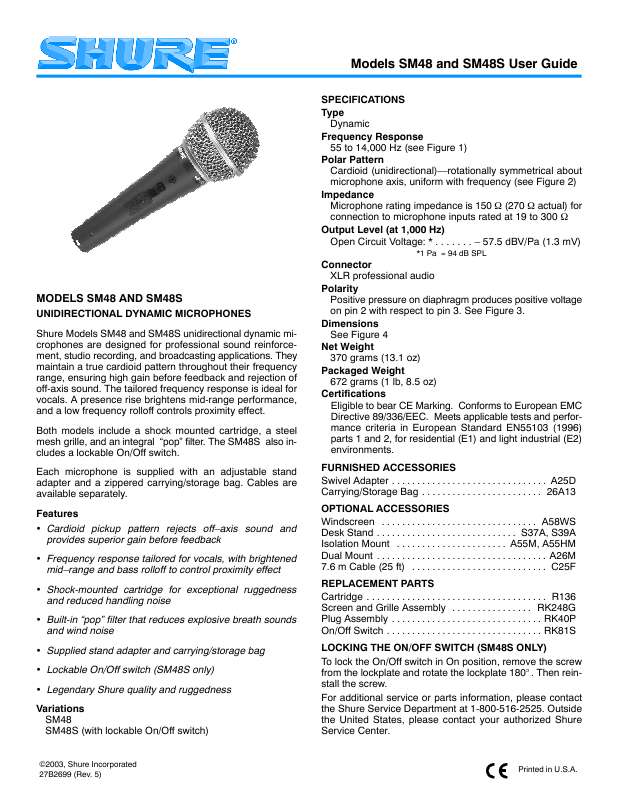 Guide utilisation SHURE SM48  de la marque SHURE