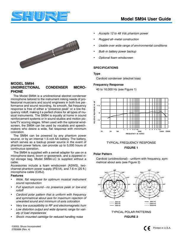Guide utilisation SHURE SM94  de la marque SHURE