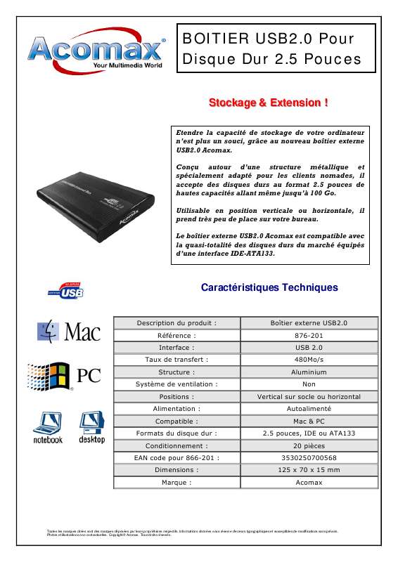Guide utilisation  ACOMAX BOITIER EXTERNE USB2.0  de la marque ACOMAX
