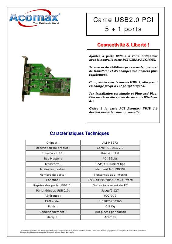 Guide utilisation  ACOMAX CARTE PCI USB 2.0  de la marque ACOMAX